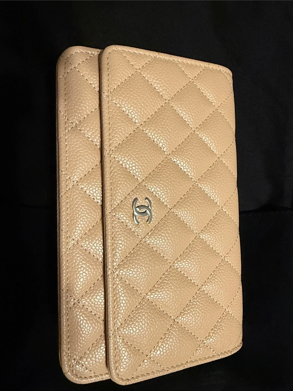 CHANEL Beige Quilted Caviar Wallet on Chain with Silver CC